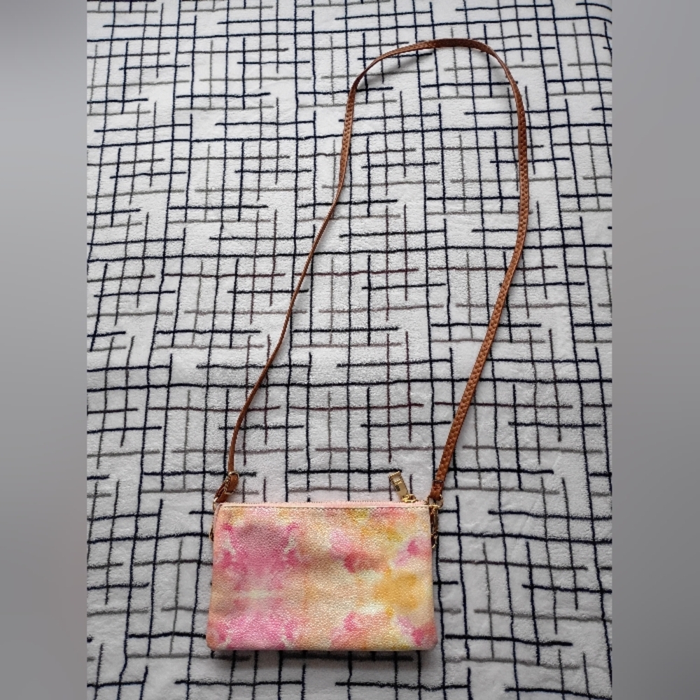 Jen & Co. Pink and Yellow Watercolor Crossbody Bag with Brown Strap